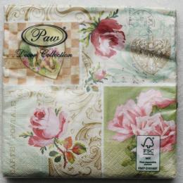 【Paw製】フラワー&ハート(コラージュ調)柄★ポーランド製ペーパーナプキン20枚入